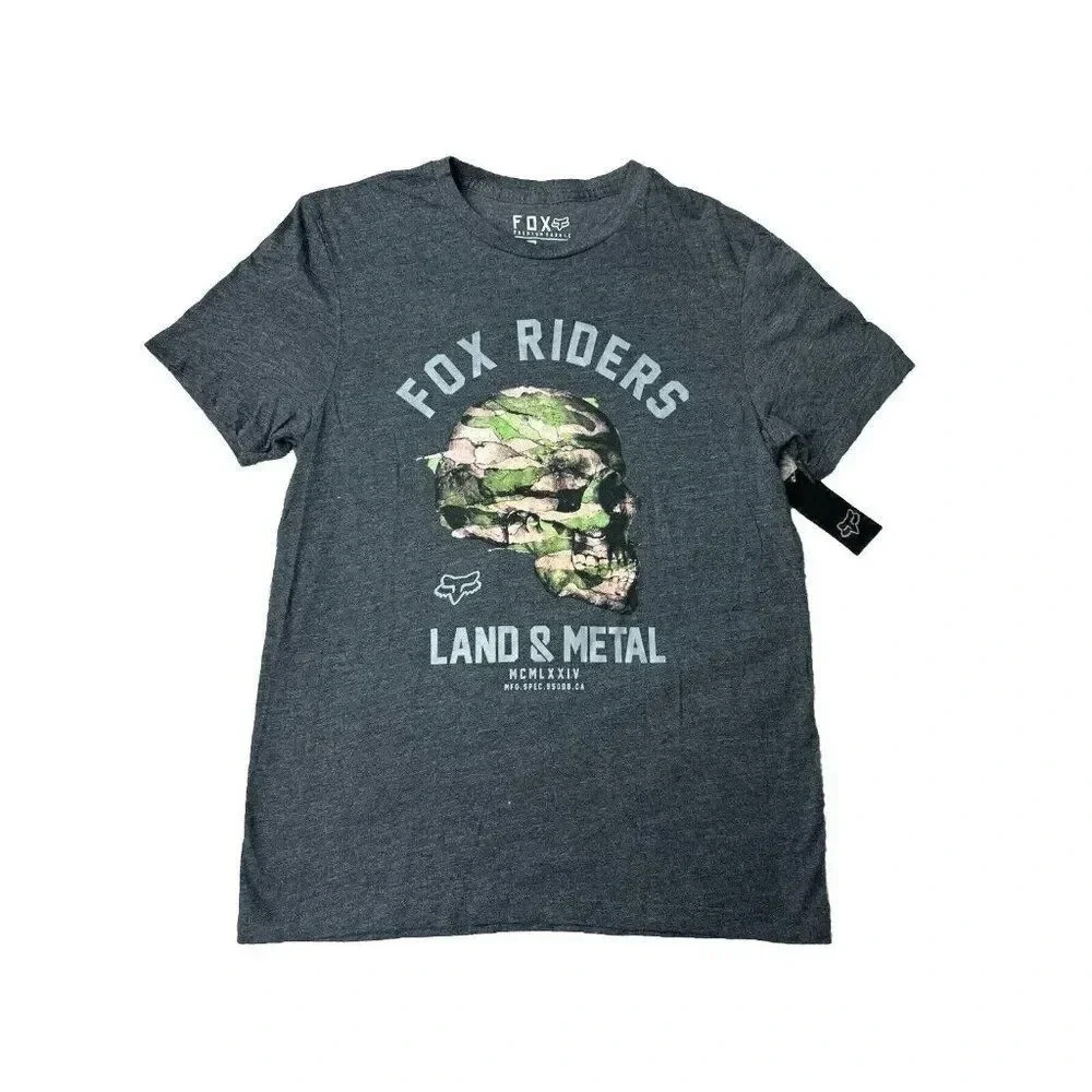 FOX Riders Men’s T-shirt Size S Logo Skull Camo Graphic Land & Metal Gray New